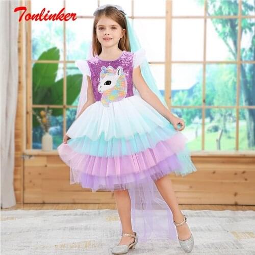 Girls Christmas Unicorn Sequin-Embroidered Princess Dress Kids Carnival Rainbow Tutu Birthday Party Tuxedo Cosplay Dresses