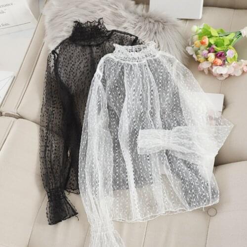 Elegant Women Flare Sleeve Hollow Out Lace Mesh Gauze Ruffles Basic Shirt Vintage Elastic Slim High Waist Pullover Blouse Tops