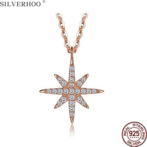 SILVERHOO 925 Sterling Silver Jewelry Shiny Star Pendant Necklaces For Women Full Clear Cubic Zirconia Rose Gold Color Necklace