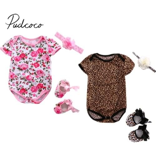 2019 Brand New Newborn Toddler Baby Girl Boy Romper 3PCS Short Sleeve Floral Leopard Print Jumpsuits+Headband+One Pairs Of Shoes