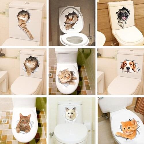 Cute 3D Hole View Cat Dog Wall Sticker Bathroom Toilet Decorative Decals Funny Animals Home Decor Poster Kicthen Pvc Mural Art
