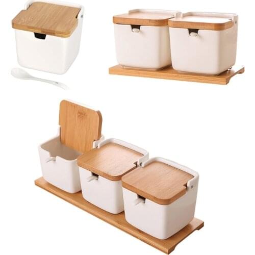 Ceramic Sugar Bowls Set with Spoons and Bamboo Lids Square Porcelain Condiment Jar Spice Container for Sugar Serving Spice Salt