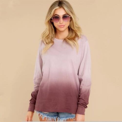 Autumn Womens Gradient Color T-shirt Long Sleeve Round Neck Loose Pullover Casual Street Wear Ladies Top