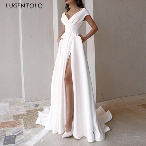 Party Sexy Dress Women Slim Backless V-neck Split Fork Dresses Sleeveless White Solid Ladies Big Swing Maxi Dress Lugentolo