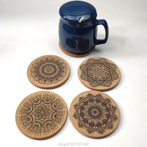 Nordic Mandala Pattern Round Cork Coasters with Holder Stand Rack Wooden Drinks Absorbent Mat Glass Cup Mug J21 21 Dropship