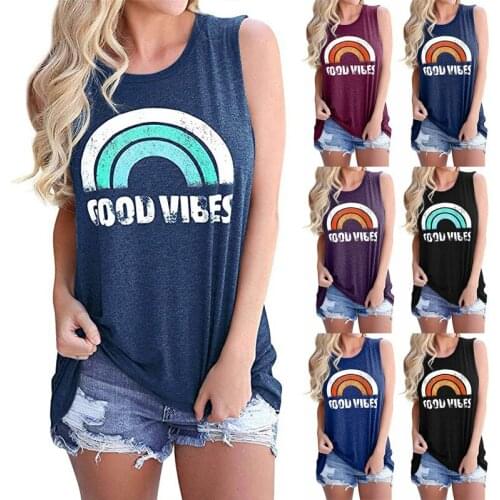 2020 New Summer Tank Tops Women Good Vibes Rainbow Print Sleeveless Top O-Neck Casual Loose Cotton Harajuku Vest Ladies DropShip