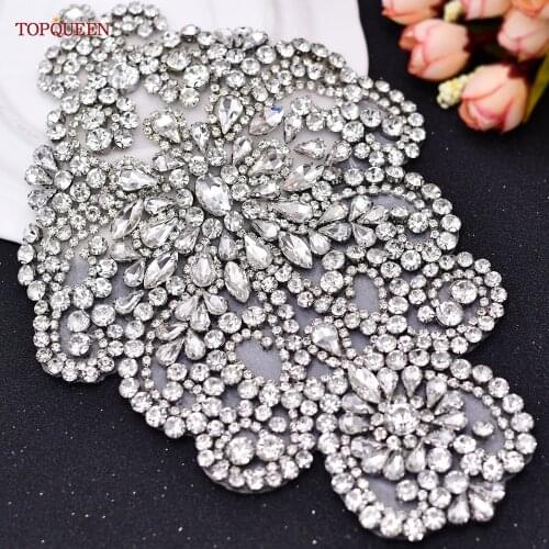 TOPQUEEN SP05 Silver Rhinestone Appliques for Clothes Patches Neckline Sewing Applique for Kids Shoes Evening Dress Accessories
