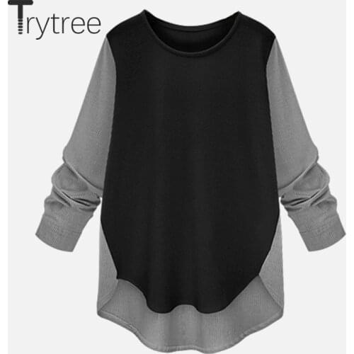 Trytree 2020 Autumn Women T shirt Casual O-Neck Polyester Shirt Patchwork Striped Long sleeve Office Lady Loose T shirt Tops