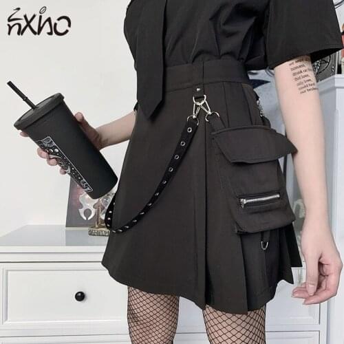 Women Gothic Style Short Skirt Pocket Chain High-waist Tooling High-street 2021 Hot Hit Fashion Female y2k Goth Pleated Skirts