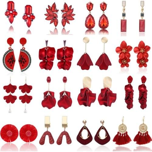New Fashion Red Pendant Earrings Handmade Flower Crystal Statement Earrings 2020 Party Dangling Earrings For Women Gift