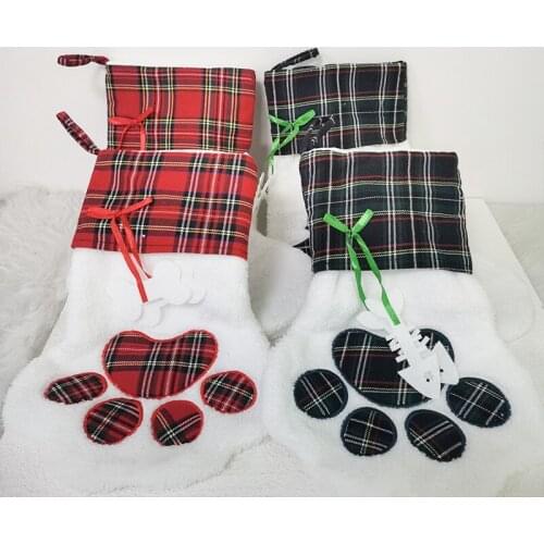 1Pcs Christmas Stocking Cat Pet Dog Plaid Paw Christmas Socks Xmas Tree Candy Ornament Gifts Bag Decorations For New Year
