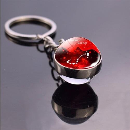 12 Constellations Glass Ball Keychain for Men Women Zodiac Sign Scorpio Key Ring Charm Cabochon Pendant Jewelry Birthday Gift