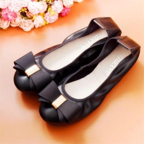 AUCVEE Plus Size 34-44 Ladies Ballet Flats Shoes Sweet Bow Shallow Mouth Woman Loafers Genuine Leather Soft New Female Footwear