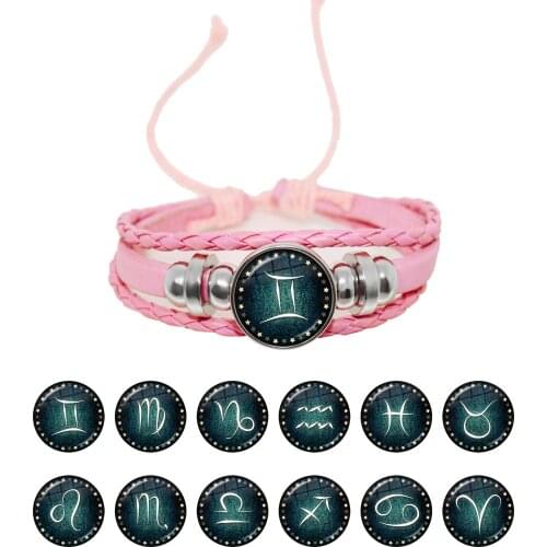 Aries/Taurus/Gemini/cancer/LEO/Virgo 12 Constellations Pink Wrist Charm Leather Snap Bracelet Jewelry For Women Men Kids Gift