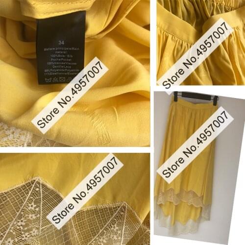 Women Stylish Elastic Waist Jacquard Midi Length Skirt With Hollow Out Lace Patchwork Detail