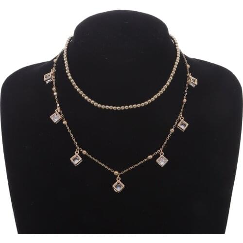 Double Layer Square Crystal Necklace Pendant For Women Exquisite Personality Simple Round Beads Clavicle Choker Necklace Jewelry