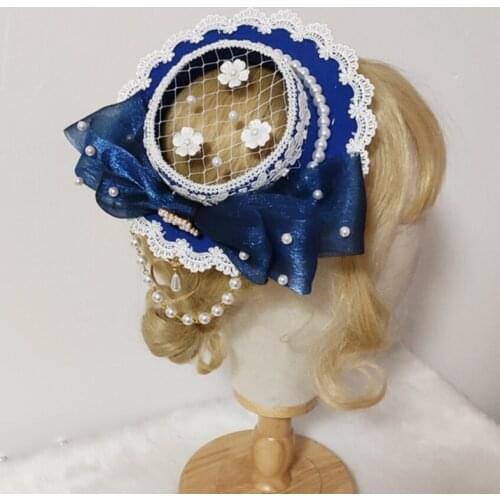 F3MD Princess Sweet Lolita Hats Handmade Pearl Inlay Top Flat with Bowknot Head Accessory for Women Girls