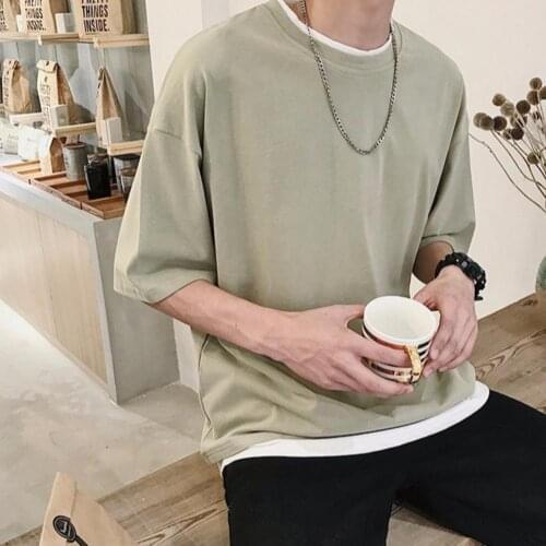 Spring Autumn Solid Long Sleeve T-shirts Men Short Sleeve Round Neck Loose Patchwork Blouse T-shirt Tee Top Comfortable T-Shirts