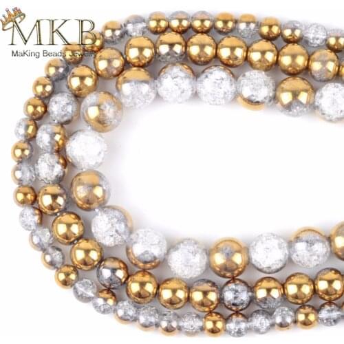 Natural Round Gold White Cracked Crystal Stone Beads For Jewelry Making 6 8 10 12mm Spacer Loose Beads Fit Diy Bracelet Necklace