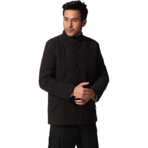 Black Winter Men Cotton-Padded Thicken Jacket Chinese Traditional Cotton Linen Coat Overcoat Outwear Size M L XL XXL XXXL