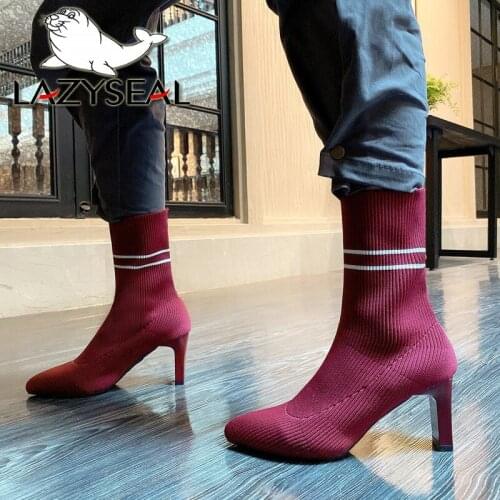 LazySeal 7.5cm Littlle Square Heels Sock Boots Women Shoes Wine Red Gingham Stretch Fabric Pointed Toe Woman Winter Ankle Boots
