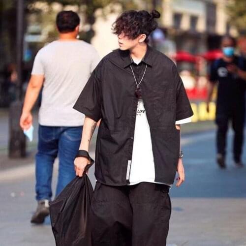 Summer Japanese Streetwear Clothes Harajuku Short Sleeve Shirt Mens Tooling Loose Couple Black/white Shirt Camisa Masculina