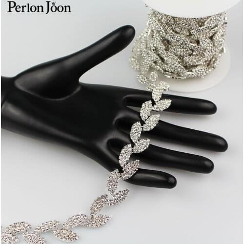 1yard Leaves shape crystal Blinking rhinestones trim metal chain Ribbon for dress, bag, shoes accessories ML027