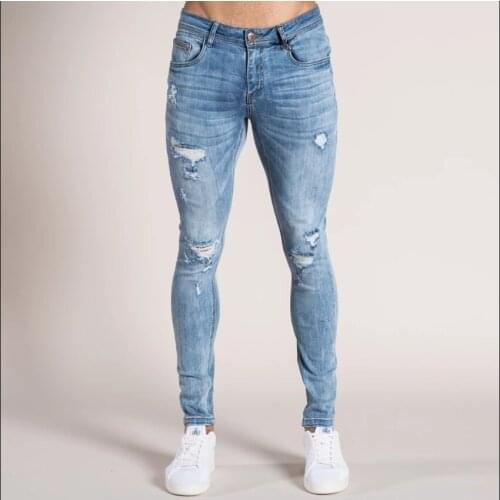 Mens Skinny Stretch Repaired Jeans Dark Blue Hip Hop Distressed Skinny Slim Fit Cotton Comfortable Big Size