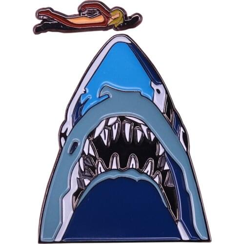Swimming over shark mouth pin sets sexy woman brooch ocean fish horror art badge summer swim sports jewelry