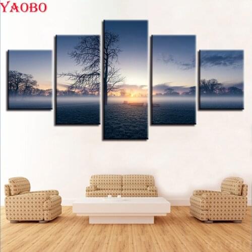 Needlework 5D DIY Diamond Painting Tree lake sunset landscape Full Square Round Mosaic Diamond Embroidery 3D Home Decor 5 pcs
