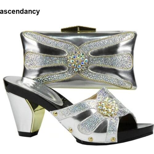 Sliver Color Italian Ladies with Matching Bags High Quality African Shoe and Bag Set for Party In Women Nigerian Shoes and Bag