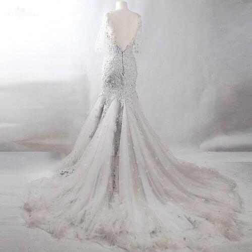 RSW875 Yiaibridal Real Job 3/4 Sleeves V Neckline 3D floral Beaded Venice Lace Fishtail Mermaid Gray Wedding Dress 2018