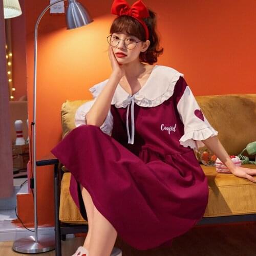 Summer White Ruffle Nightgown Women Kawaii Love Print Sleepwear Loose Casual Cute Bows Homewear Short Sleeve O-neck Nightdress