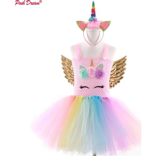 POSH DREAM Kids Unicorn Party Dress for Girls Pastel Lol Girl Costume Knee Length Flower Pony Pattern Unicorn Toddler Dress