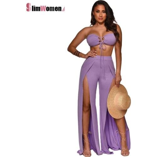 High Waist Split Pants Dress Party Club Sandbeach Womens Set Two Piece Set for Ladies Sleeveless Sexy Hollow Out Crop Tube Top