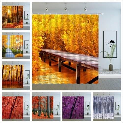 Forest Scenery Shower Curtains autumn and Winter Red Yellow Tree Leaf Snow Scene Bathroom Decor Cloth Hanging Curtain Set Cheap