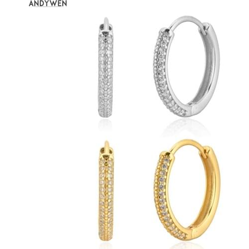 ANDYWEN 925 Sterling Silver 10mm 15.5mm Hoops Two Line Zircon Pave Thick Huggies Women Fashion Jewelry Piercing Pendiente