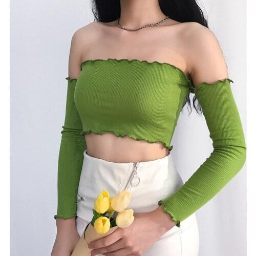 2021 European And American Womens Long-sleeved New Trendy Sexy Ruffled One-shoulder Long-sleeved Top Bottoming Women