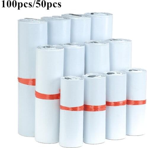 100pcs/Lot White Courier Bag Express Envelope Storage Bags Mailing Bags Self Adhesive Seal PE Plastic Pouch Packaging 8 Sizes