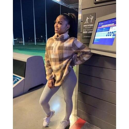 2021 Autumn Plush Plaid Womens Top Fashion Long Sleeve High Collar Warm Clothes Pullover Zipper Clothes Plus Size