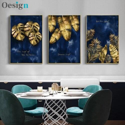 Abstract Painting Poster Tropical Plant Golden Leaves Blue Art Canvas Print Picture Wall Modern Home Interior Decoration Poster