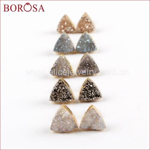 BOROSA 5Pairs New Arrival Gold Color 10mm Triangle Shape Druzy Stud Earrings Gems Drusy Earring Jewelry for Women 2018 G1530