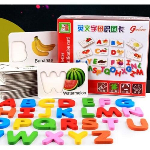 Wooden Letter Fruits Vegetables Cognitive Card English Letter Identification Card Children Early Childhood Puzzle Wooden Toy