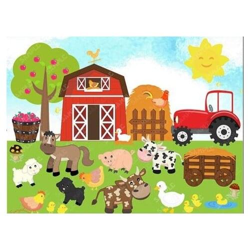 Farm Red Barn Sun Apple Tree Pig Cow Sheep Fence Sun truck backdrops Computer print children kids background