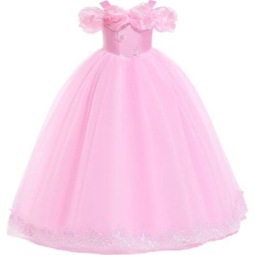 Fashion Flower Girls Dress Kids Off-shouder Long Maxi Tulle Party Princess Dress Formal Girls Clothes