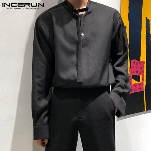 2021 Men Shirt With Tie Solid Color Korean Lapel Long Sleeve Loose Streetwear Camisa Fashion Casual Men Clothing S-5XL INCERUN 7