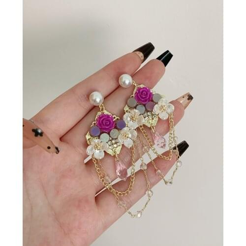 Handmade luxury rhinestone -set zircon crystal purple flower drop tassel fairy earrings