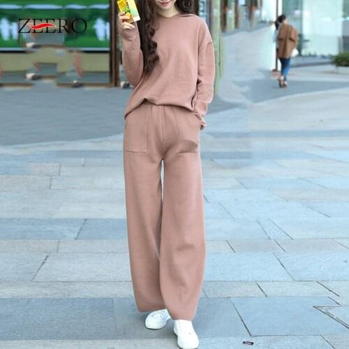 2020 Autumn Black Knitted Two Piece Set Women Casual Hooded Sweater Top + Wide Leg Long Pants Sets Suit Womens Outfits Tracksuit