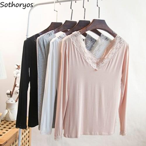 Sexy Lace V-neck Sleep Tops Women Spring Modal Mature Slim Stylish Solid Lounge Ladies Elegant Sweet Casual Long Sleeve Homewear