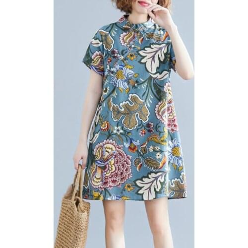 Summer loose cotton and linen dress large size stand-up collar buckle cheongsam mid-length women vestido de mujer